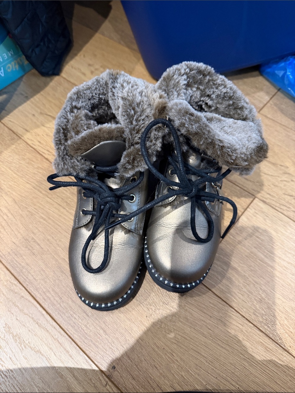 Mayoral Metallic Taupe Lace-Up Kids Boots with Faux-Fur Cuff